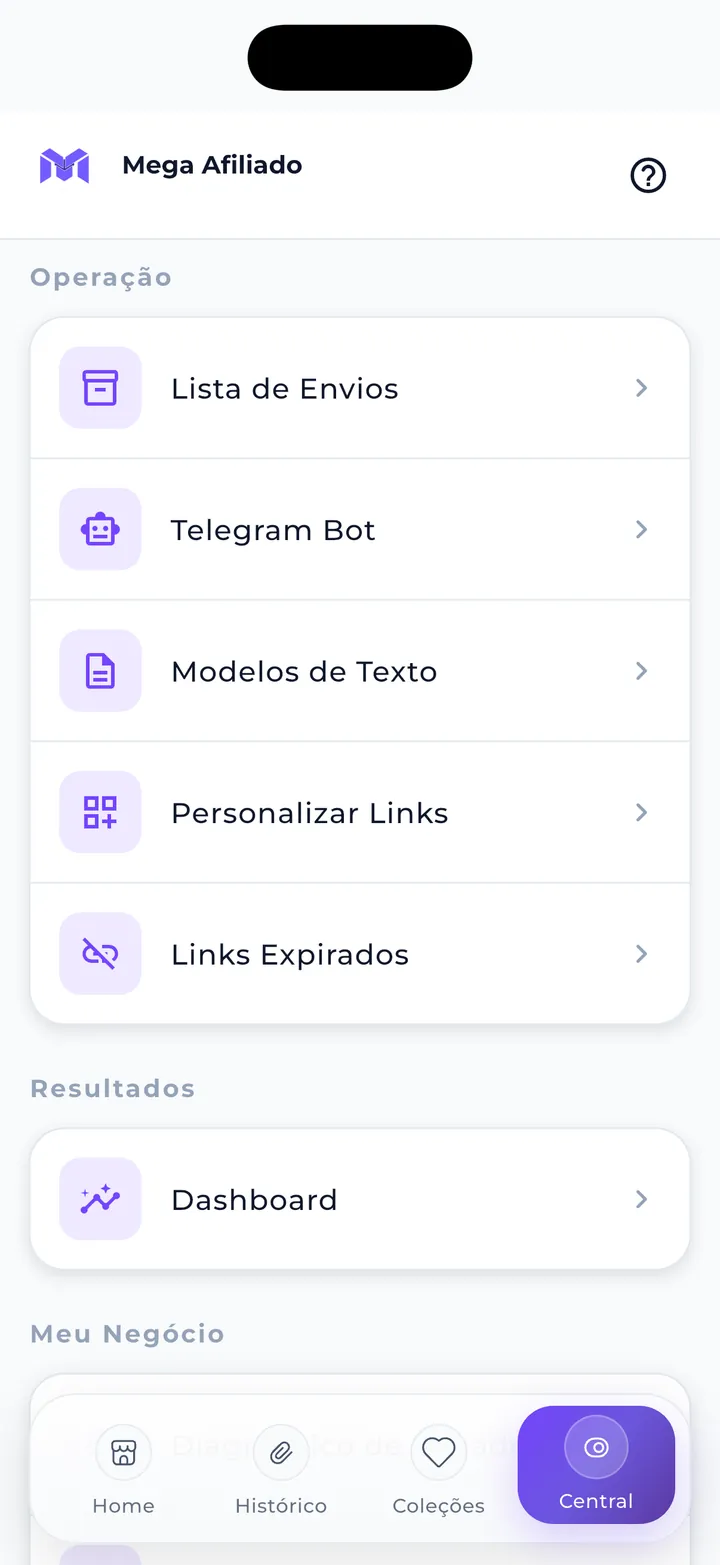 Tela real do Mega Afiliado mostrando Modelos de texto