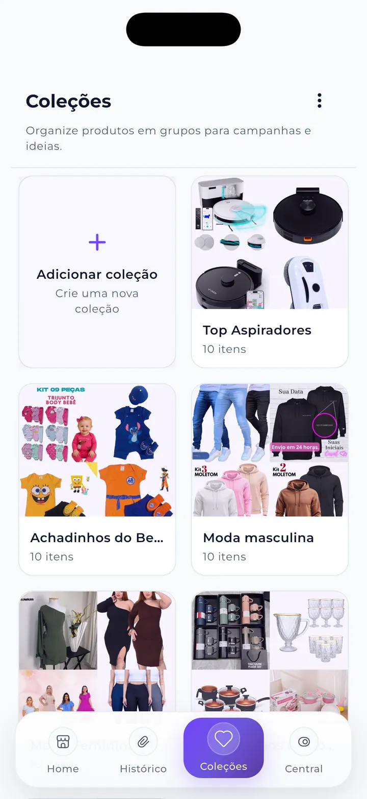 Tela de coleções do Mega Afiliado com produtos agrupados por nicho