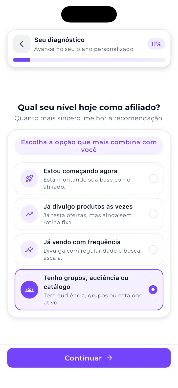 Tela de diagnóstico de perfil de afiliado no Mega Afiliado