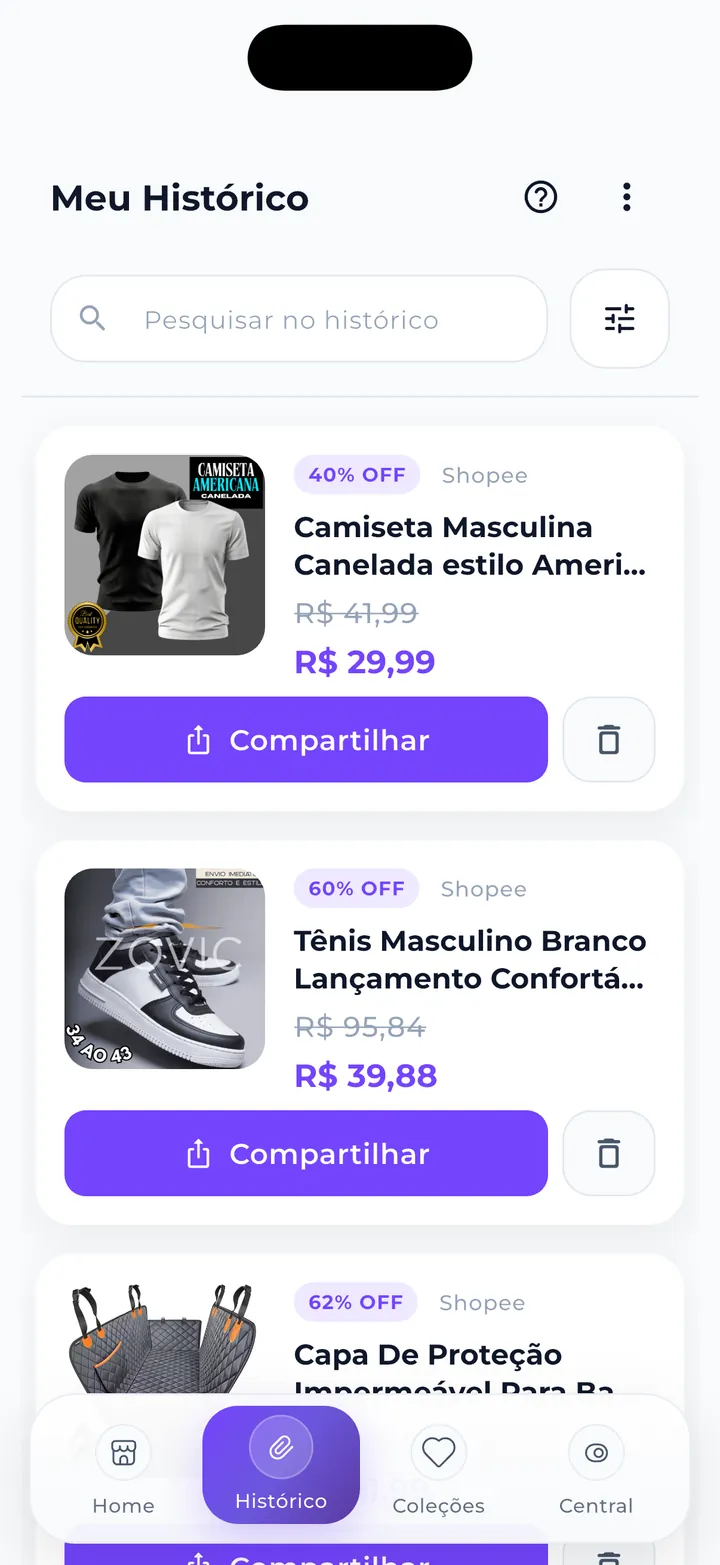 Histórico de links e produtos compartilhados no Mega Afiliado