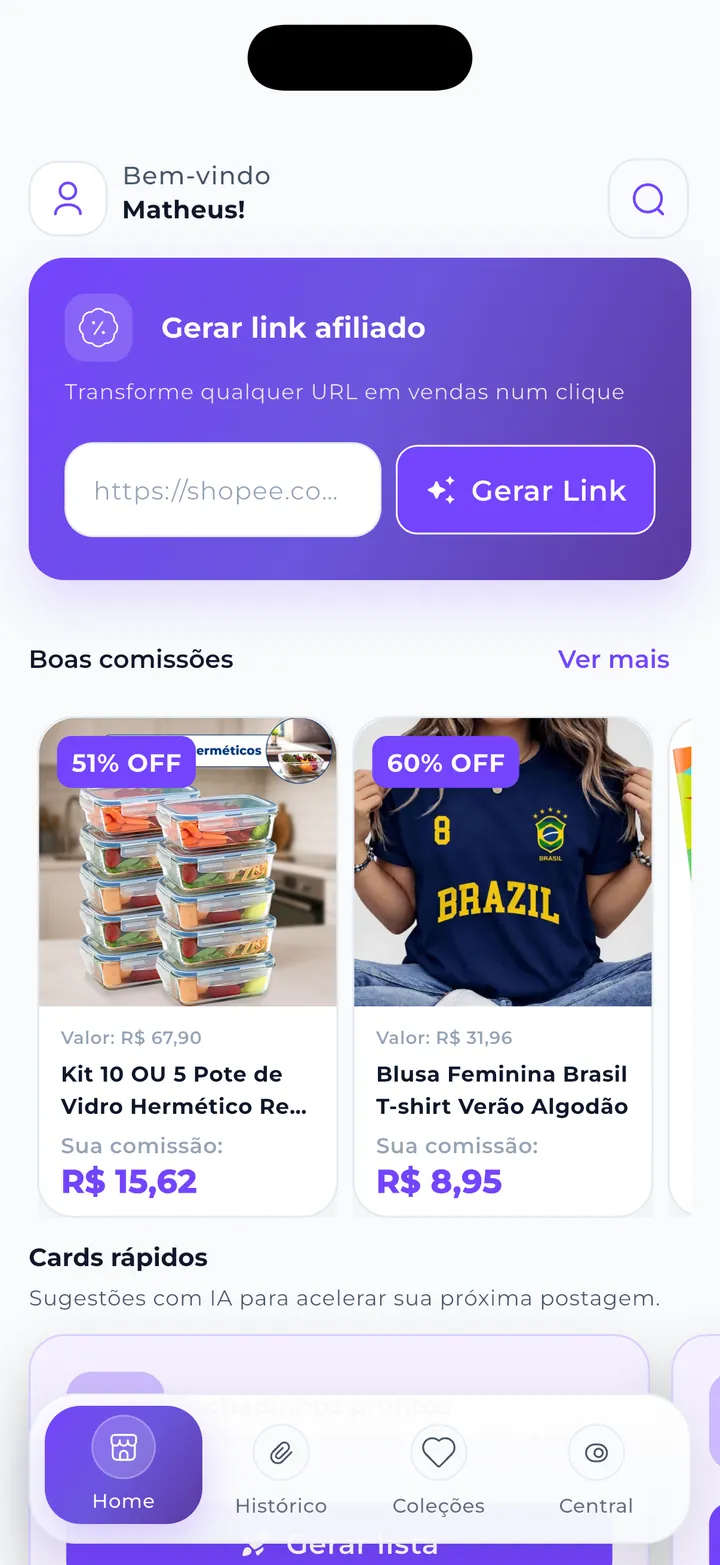 Tela inicial do Mega Afiliado com produtos da Shopee e geração de link