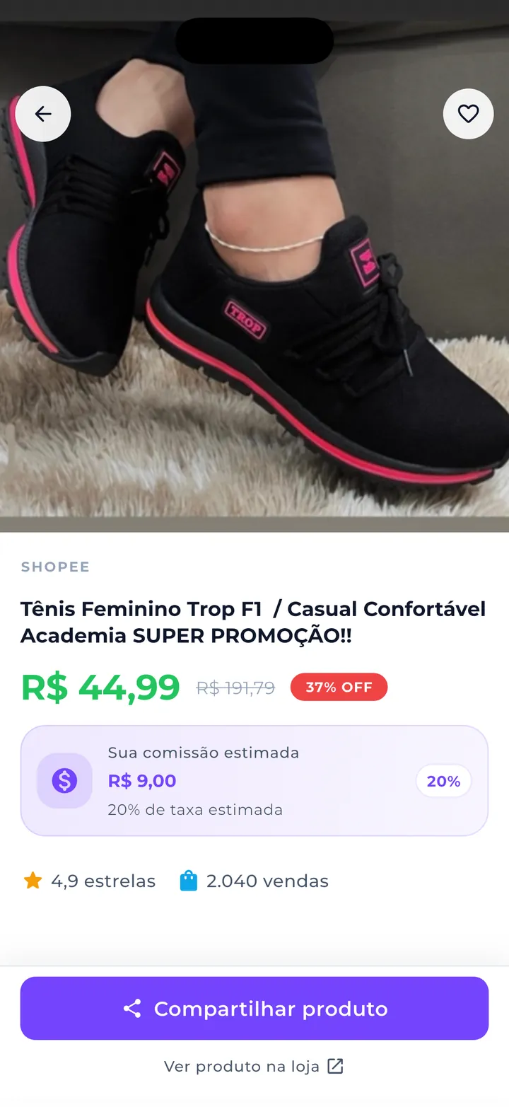 Detalhe do produto com preço, comissão e botão de compartilhar