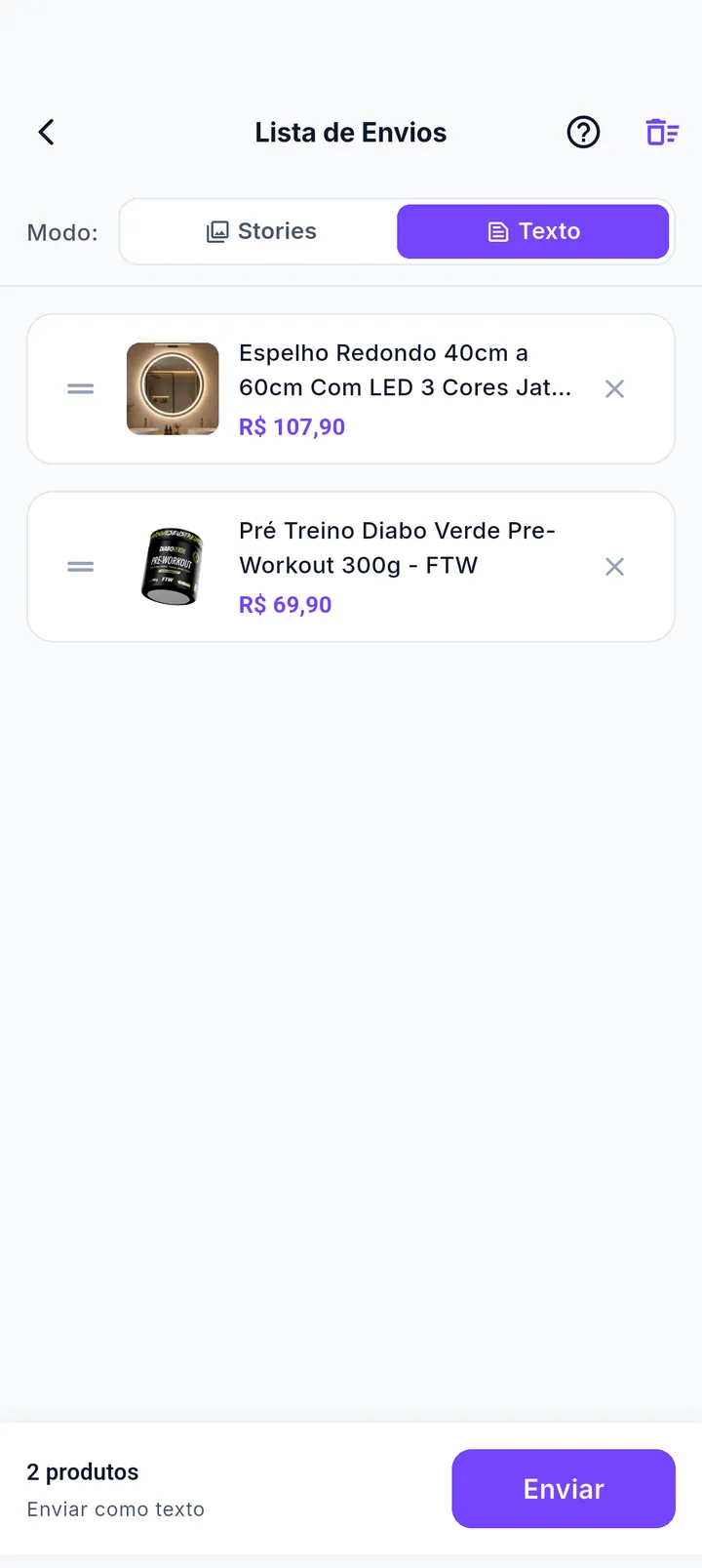 Lista de Envios do app com produtos na fila