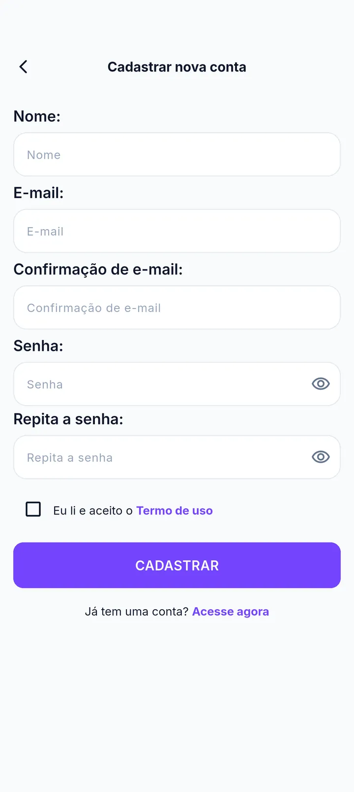 Tela de cadastro com o aceite do termo de uso destacado