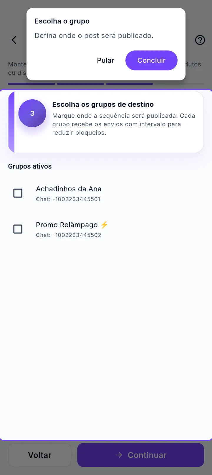 Etapa de escolha de grupos do agendador