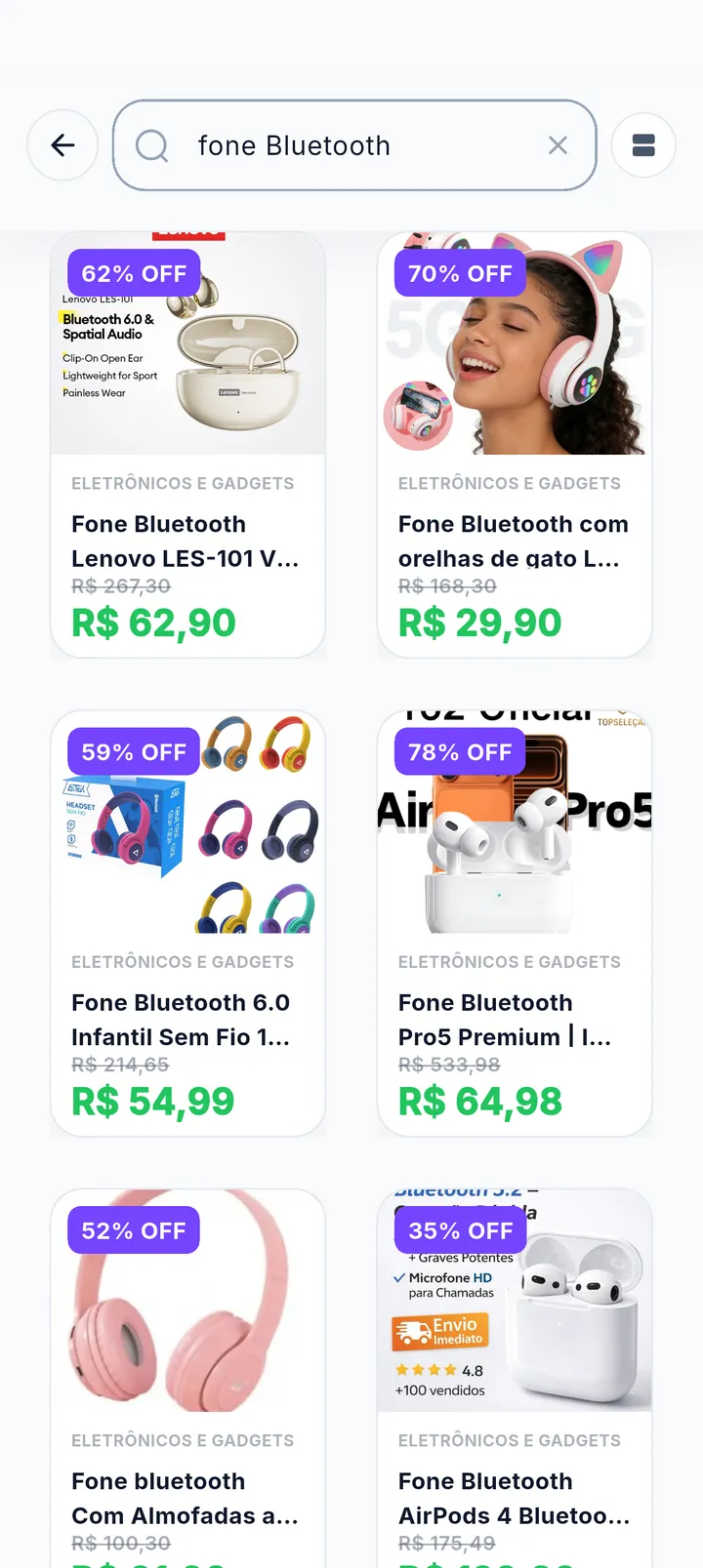 Resultados da busca por fone bluetooth com produtos reais da Shopee