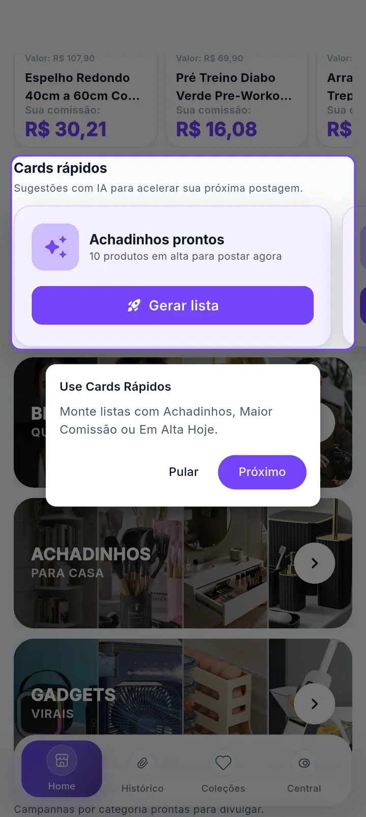 Tour da Home destacando os cards rápidos