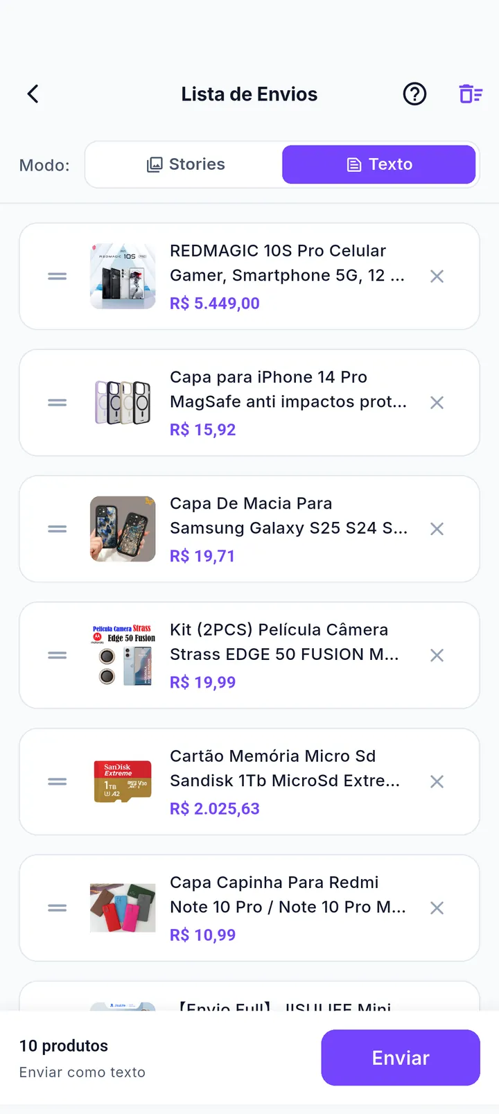 Lista de envios gerada pelo card rápido com 10 produtos prontos para divulgar