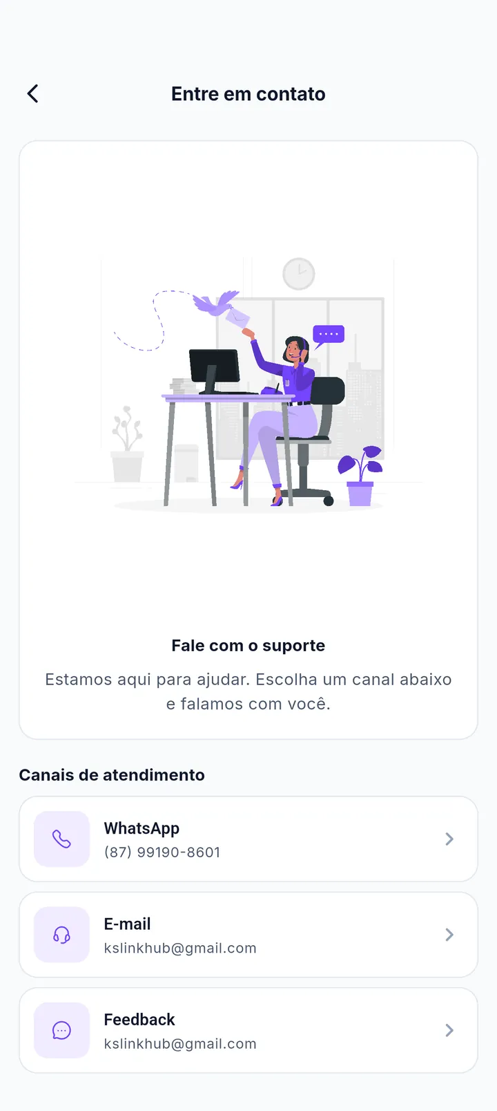 Tela Entre em contato com canais de WhatsApp e e-mail do suporte