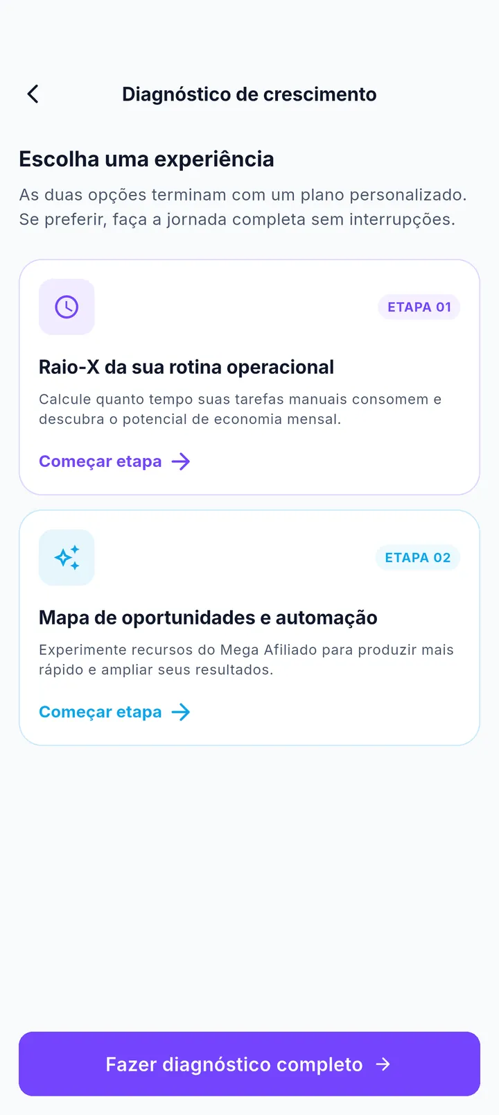 Tela Diagnóstico de crescimento com as etapas Raio-X da rotina e Mapa de oportunidades