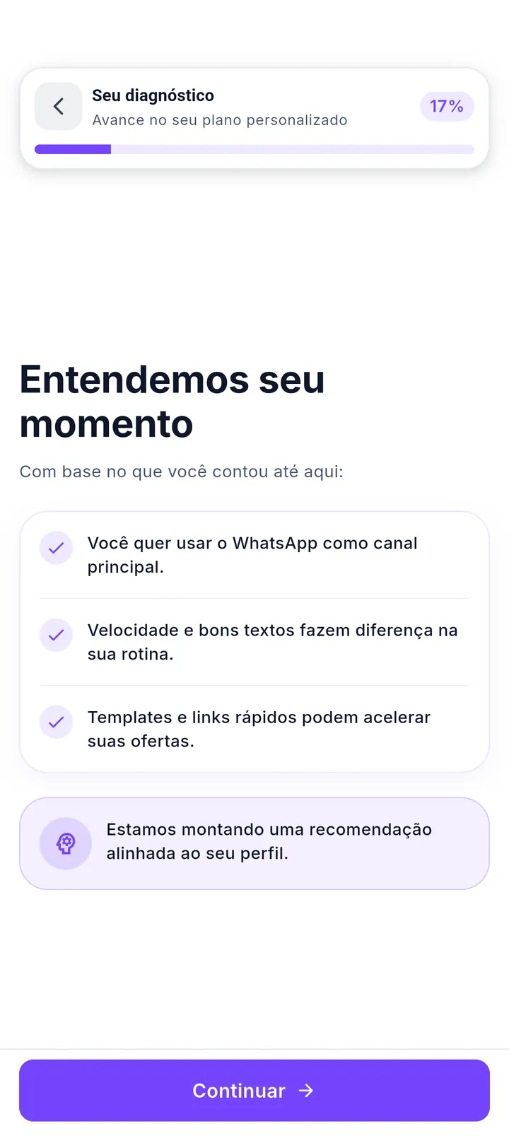 Tela de resumo Entendemos seu momento com os pontos identificados