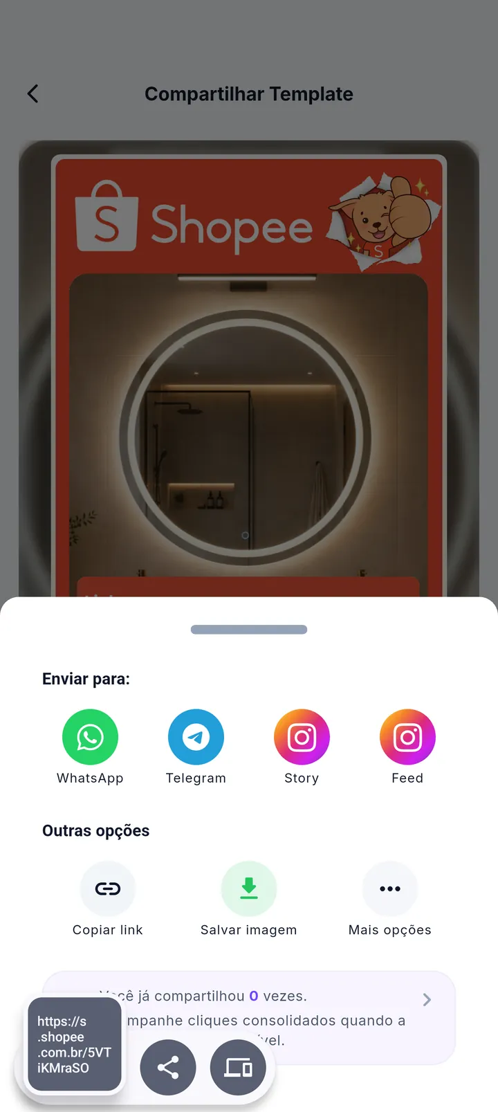 Sheet Enviar para destacando o atalho do WhatsApp