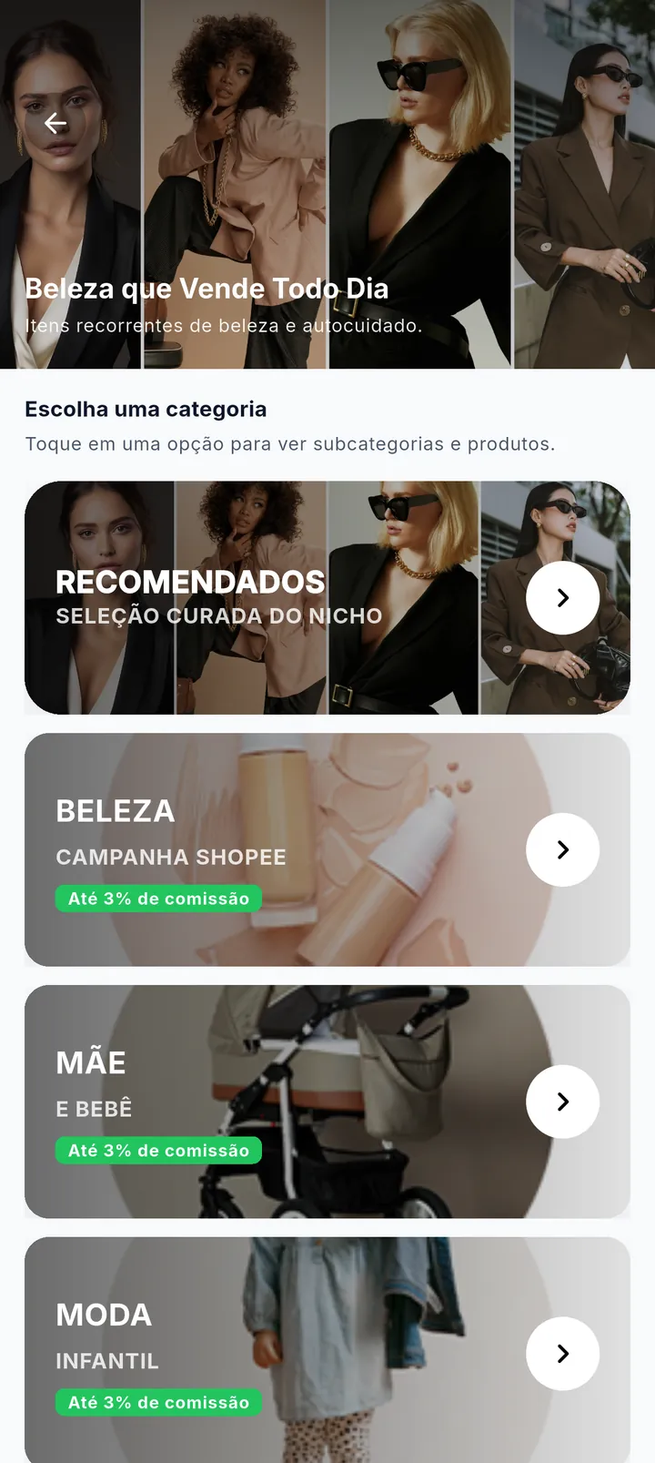 Vitrine do nicho Beleza que Vende Todo Dia com categorias e campanhas
