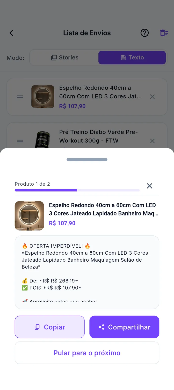 Assistente de envio com progresso, texto do produto e ações de copiar e compartilhar