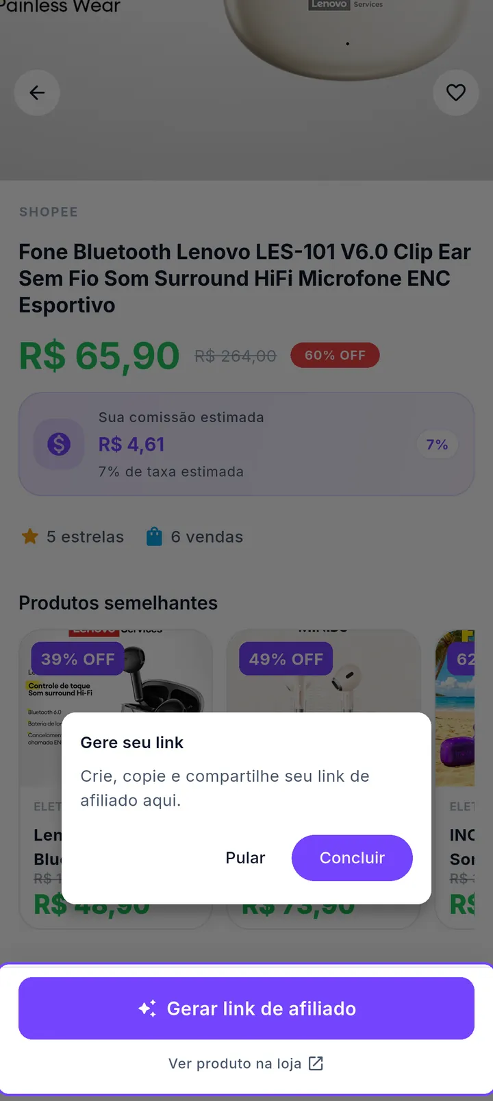 Tour do produto destacando o botão Gerar link de afiliado
