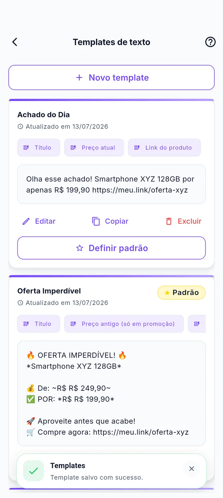 Lista de templates de texto com o novo modelo salvo