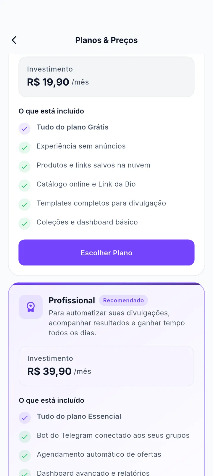 Cards dos planos com recursos e limites comparados
