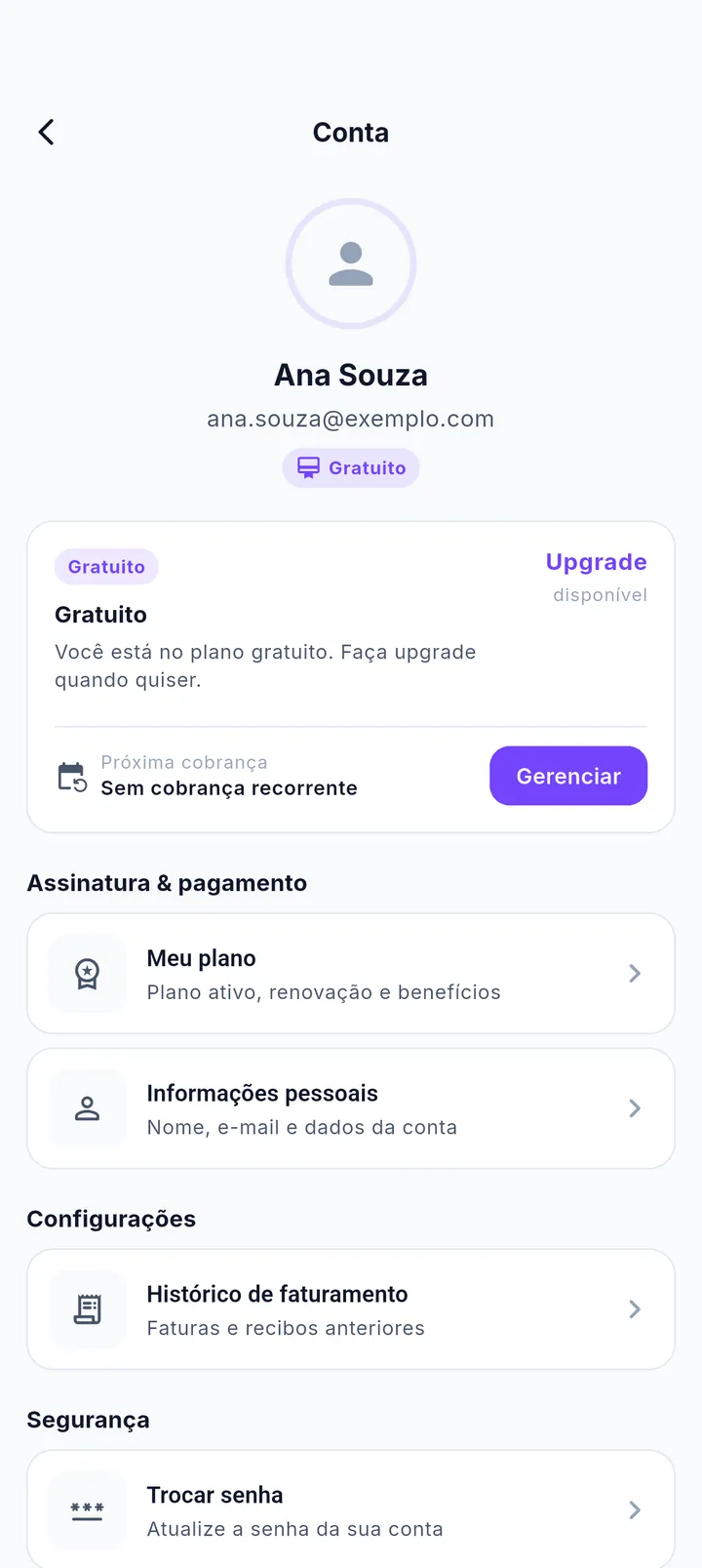 Tela Conta com plano atual, upgrade e próxima cobrança