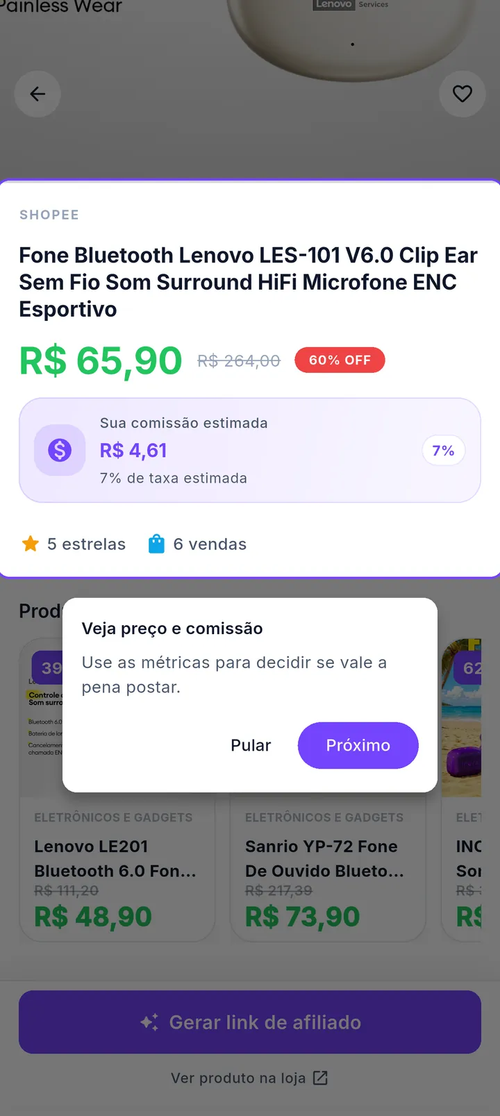 Detalhe do produto destacando a comissão estimada