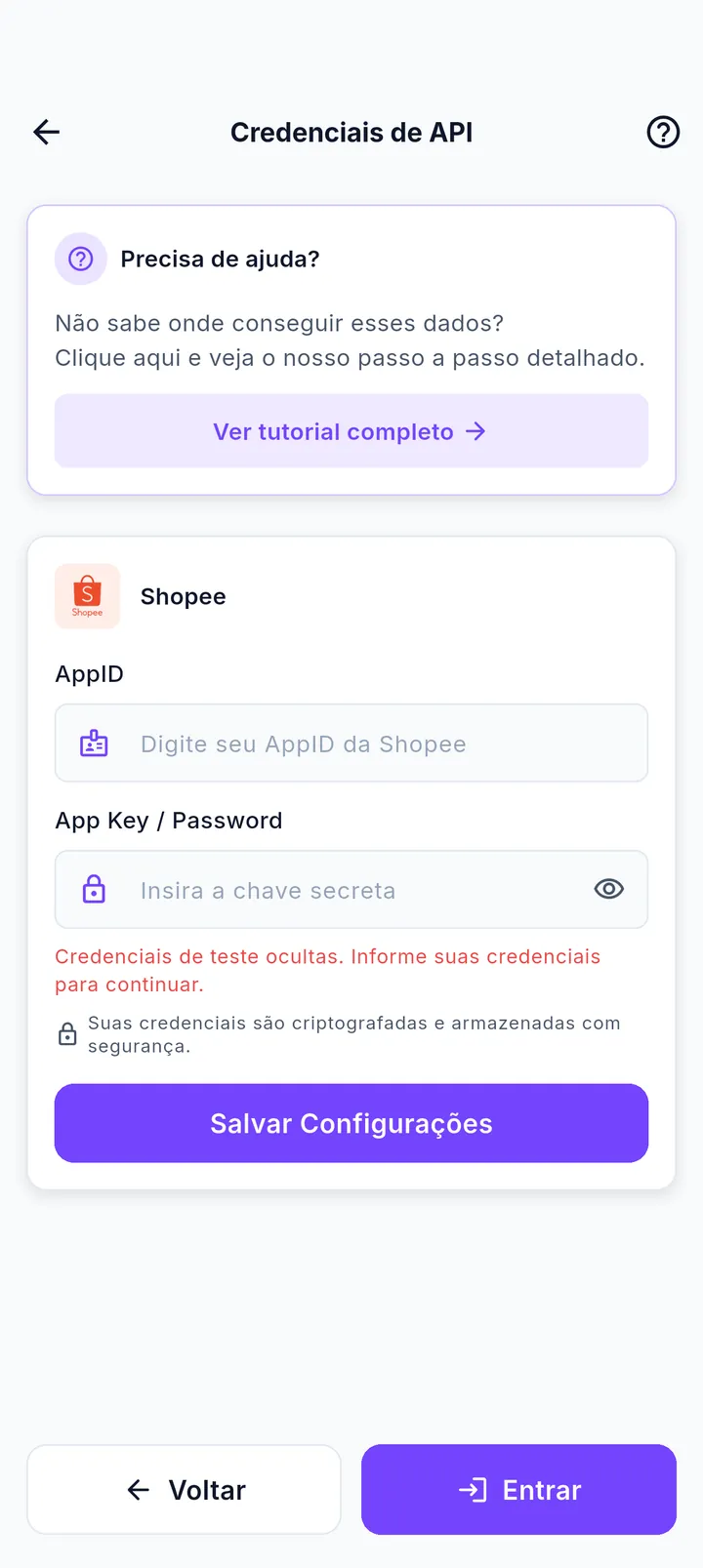 Tela Credenciais de API do Mega Afiliado