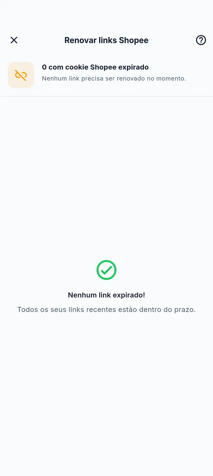 Tela Renovar links Shopee sem pendências no momento