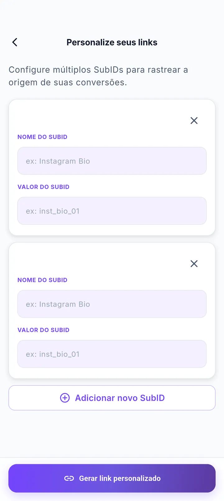 Tela Personalize seus links com campos de nome e valor do SubID