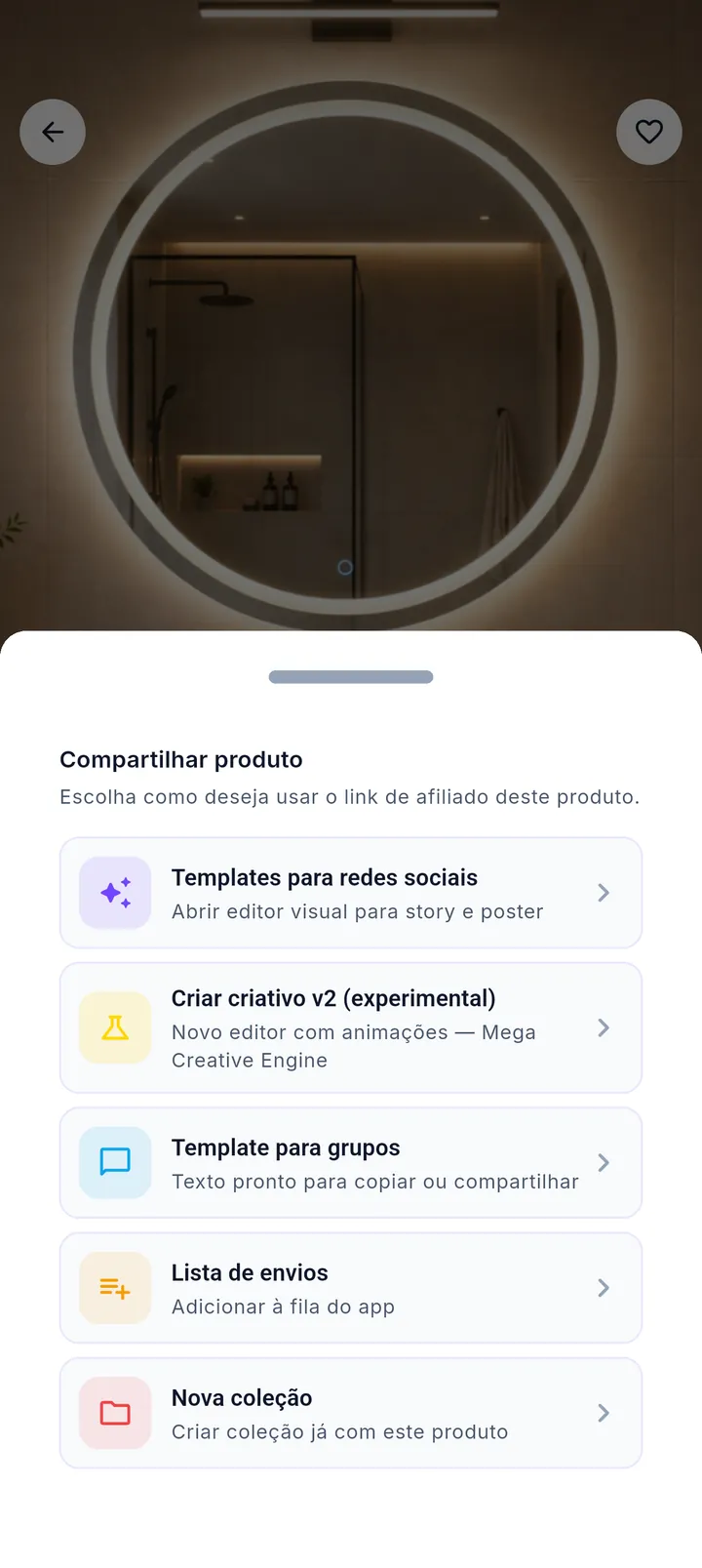 Opções de compartilhamento do produto